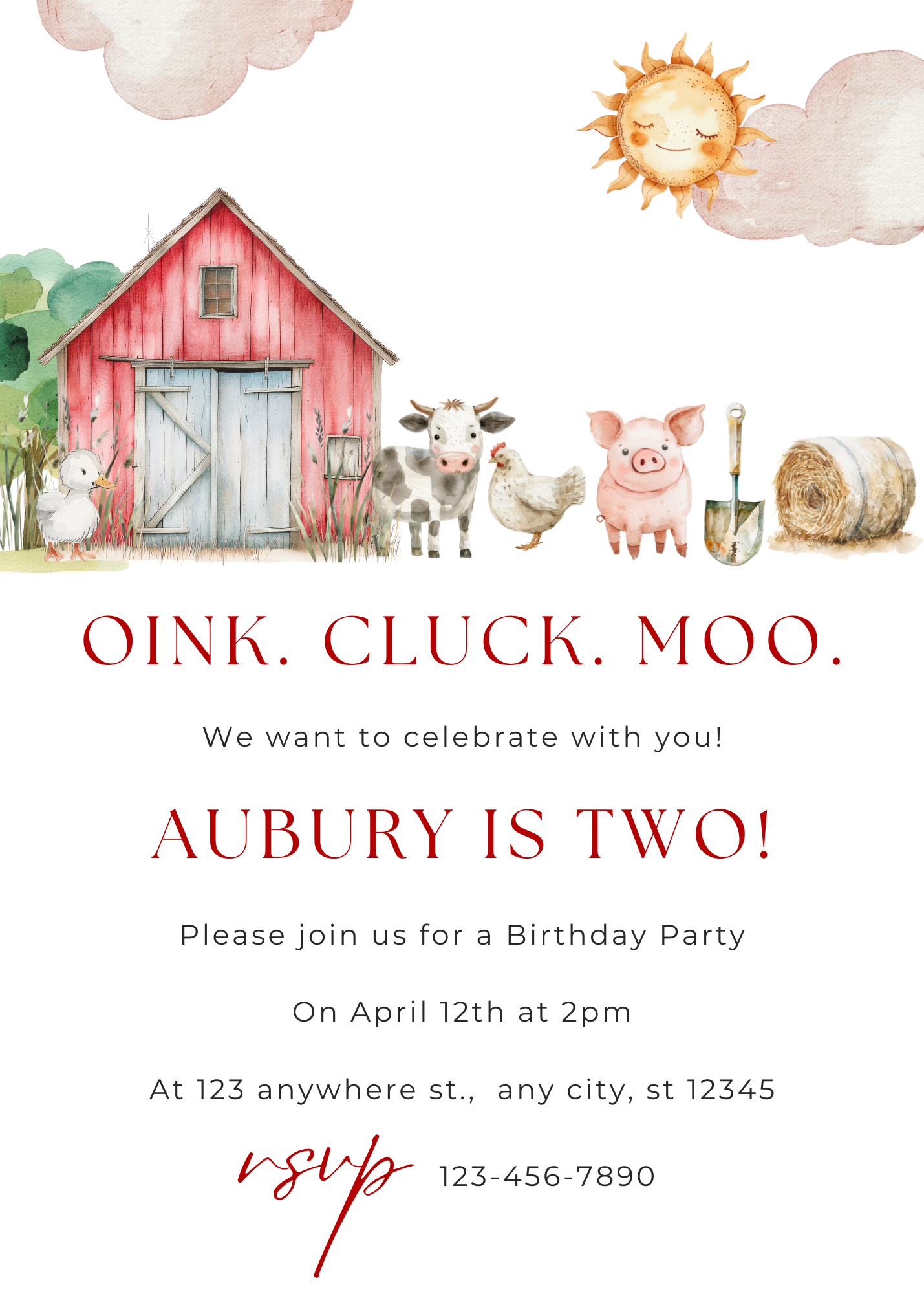 Children's Oink, Cluck, Moo Second Birthday | Printable Invitation