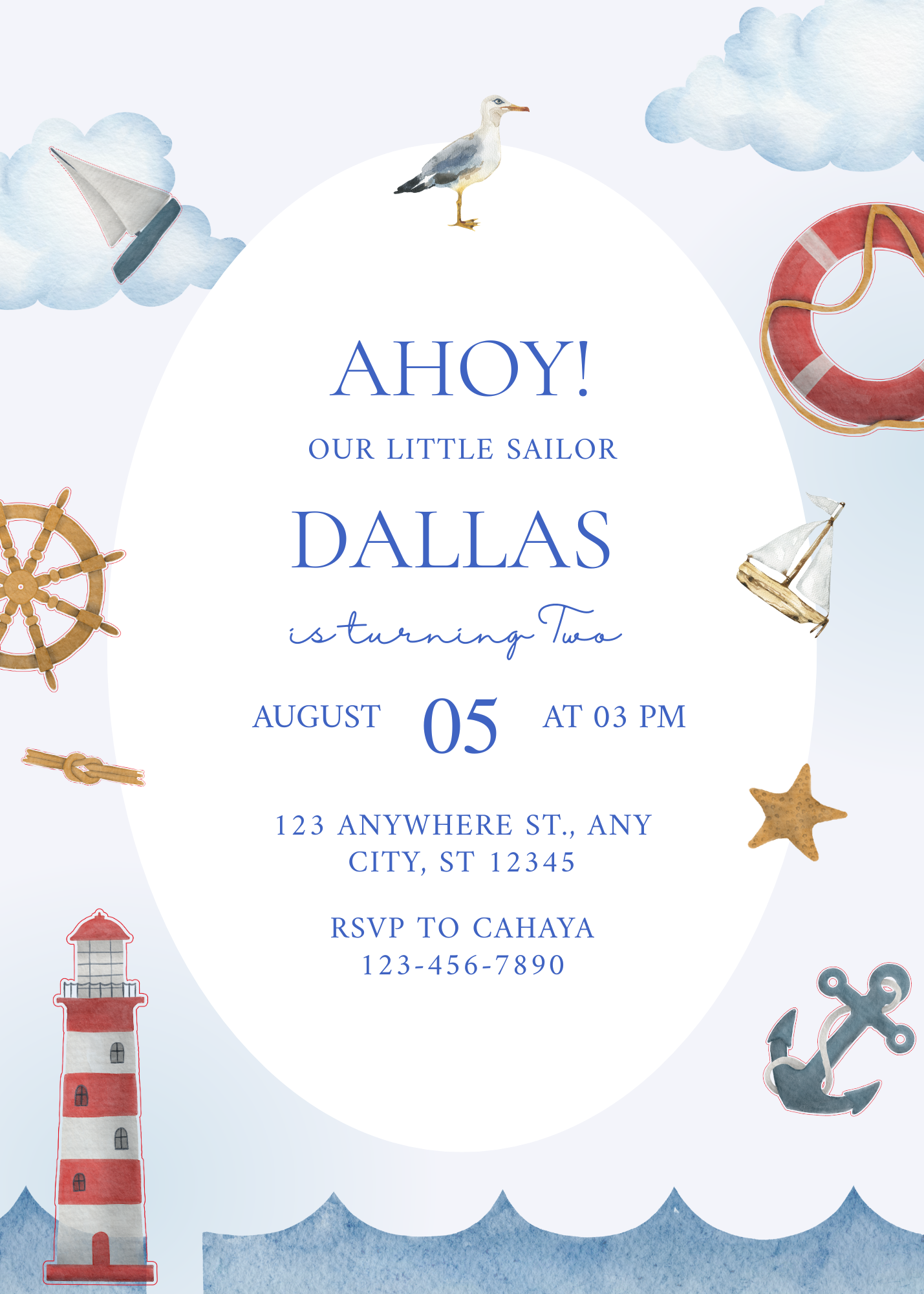 Children's Ahoy Little Sailor Second Birthday | Printable Invitation