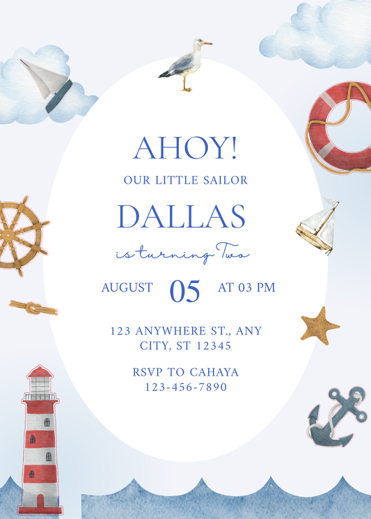 Children's Ahoy Little Sailor Second Birthday | Printable Invitation