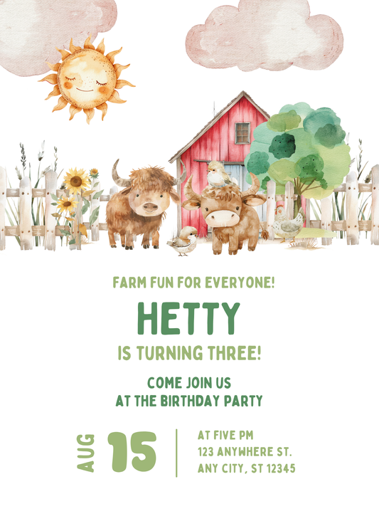 Children's Highland Cow Farm Shed | Printable Invitation