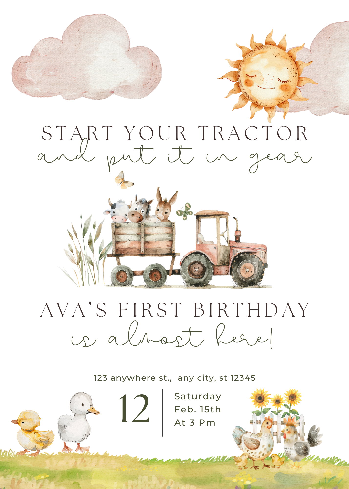 Children's Tractor Farm First Birthday | Printable Invitation